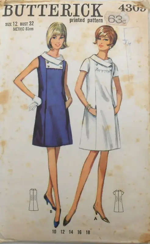 VINTAGE BUTTERICK 4309 ONE PIECE DRESS SIZE 12 BUST 32 COMPLETE SEWING PATTERN