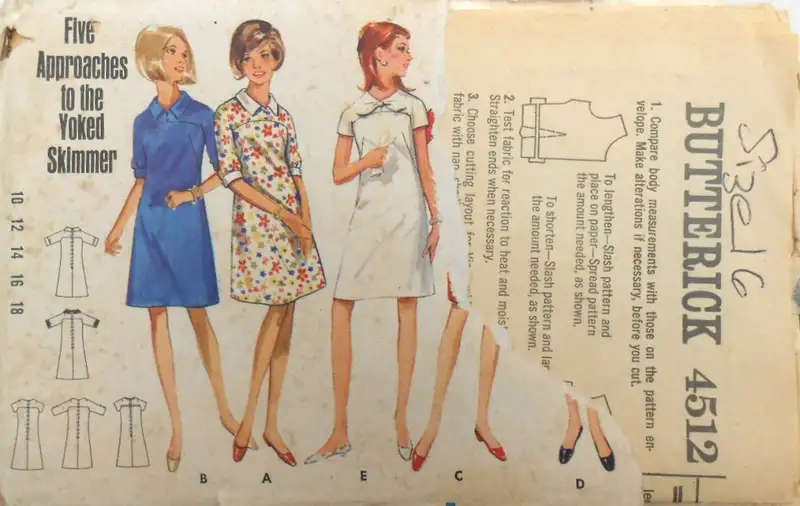 VINTAGE BUTTERICK 4512 ONE PIECE DRESS SIZE 16 COMPLETE -  SEWING PATTERN