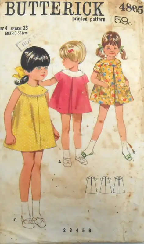 VINTAGE BUTTERICK 4865 GIRLS A-LINE DRESS SIZE 4 YEARS BREAST 23 COMPLETE -  SEWING PATTERN