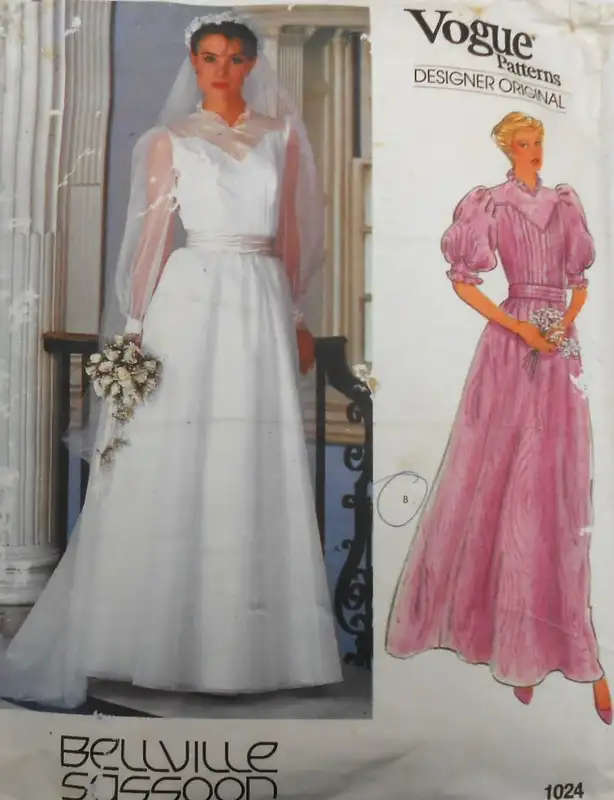 VOGUE DESIGNER ORIGINAL-1024 BELLVILLE SASSOON-BRIDAL DRESS-BELT-PETTICOAT-SIZE 10- C SEWING PATTERN