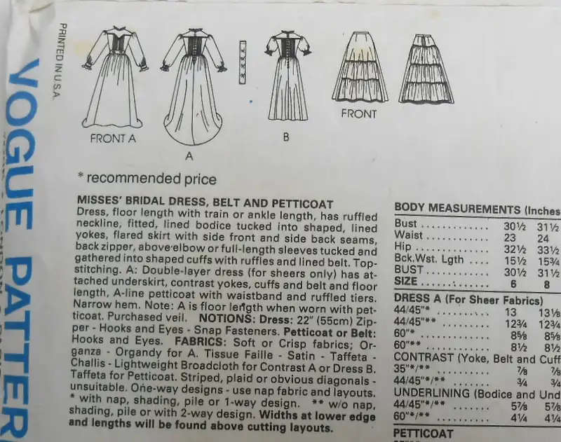 VOGUE DESIGNER ORIGINAL-1024 BELLVILLE SASSOON-BRIDAL DRESS-BELT-PETTICOAT-SIZE 10- C SEWING PATTERN