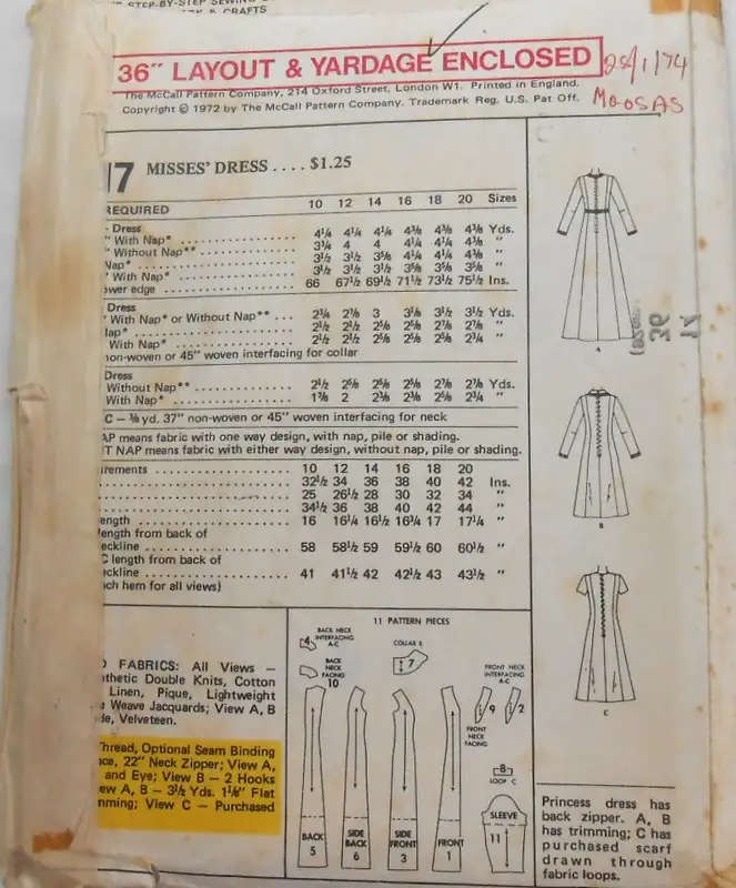 McCALLS 3417 PRINCESS DRESS SIZE 14 BUST 36 COMPLETE SEWING PATTERN