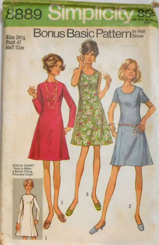 SIMPLICITY 8889 BASIC PRINCESS DRESS WITH 2 NECKLINES SIZE 24 1/2 BUST 47 COMPLETE- SEWING PATTERN