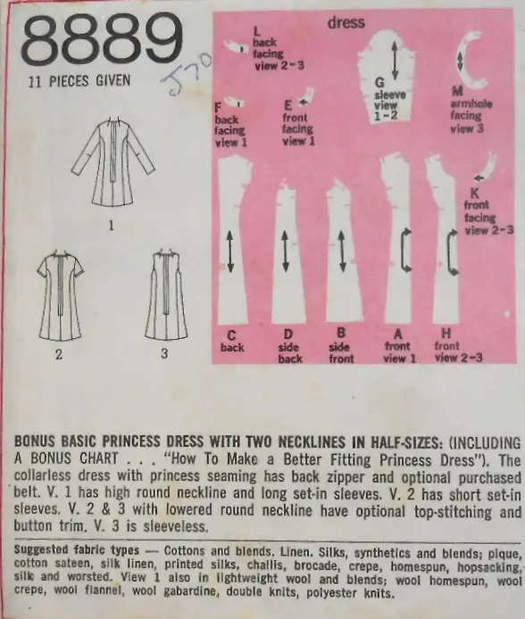 SIMPLICITY 8889 BASIC PRINCESS DRESS WITH 2 NECKLINES SIZE 24 1/2 BUST 47 COMPLETE- SEWING PATTERN