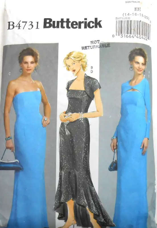 BUTTERICK B4731 STUNNING EVENING DRESS & SHRUG COMPLETE- SIZE 14-16-18-20-CUT TO 18 SEWING PATTERN