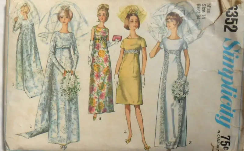 VINTAGE SIMPLICITY 6352 WEDDING DRESS WITH DETACHABLE TRAIN SIZE 14 BUST 34 -COMPLETE SEWING PATTERN