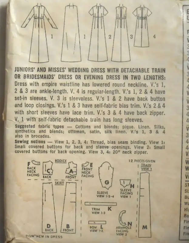 VINTAGE SIMPLICITY 6352 WEDDING DRESS WITH DETACHABLE TRAIN SIZE 14 BUST 34 -COMPLETE SEWING PATTERN