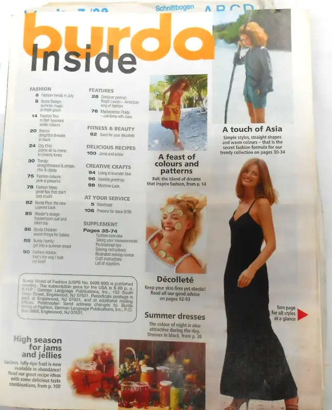 BURDA-WORLD OF FASHION 7/99 112 PAGES - WITH PULL-OUT SECTION SEWING PATTERNS