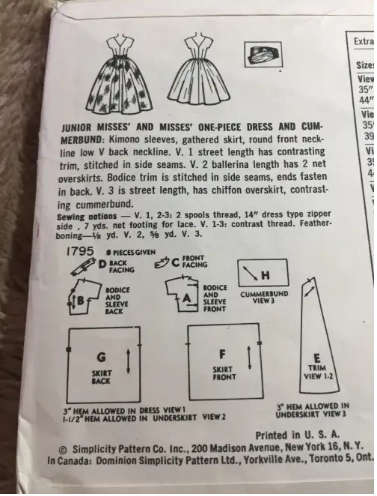 PATTERN SIMPLICITY 1795 (VINTAGE, 1 SMALL PIECE CUT) - ONE-PIECE DRESS & CUMMERBAND  SEWING PATTERN