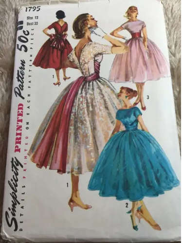 PATTERN SIMPLICITY 1795 (VINTAGE, 1 SMALL PIECE CUT) - ONE-PIECE DRESS & CUMMERBAND  SEWING PATTERN