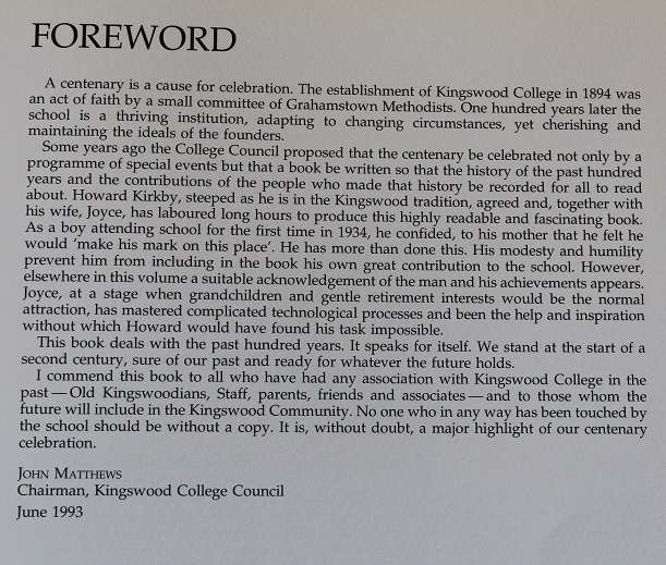 Still upon a frontier. A History of Kingswood College 1892-1993 by Howard and Joyce Kirkby