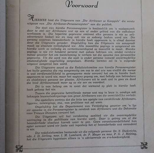 Die Afrikaner persoonregister 1942 onder redaksie van dr. N. Diederichs en J.D. Jerling ens.