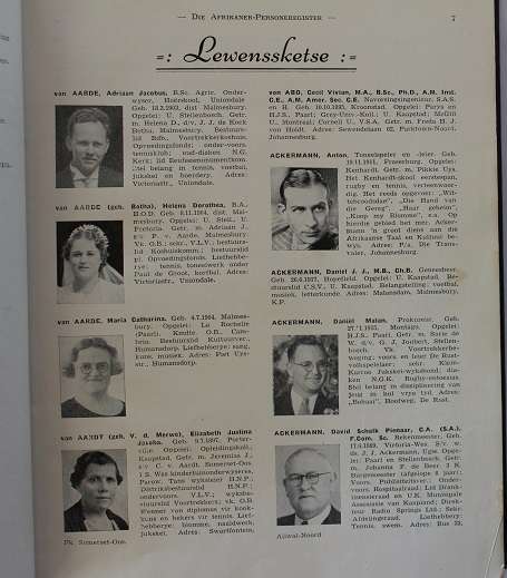 Die Afrikaner persoonregister 1942 onder redaksie van dr. N. Diederichs en J.D. Jerling ens.