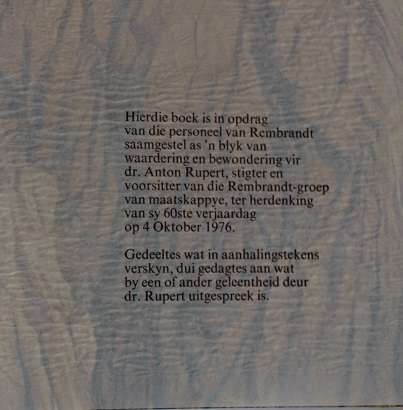 Gehalte bo alles gedruk vir Rembrandt-Tabakvervaardigingskorporasie. Die verhaal van Rembrandt.