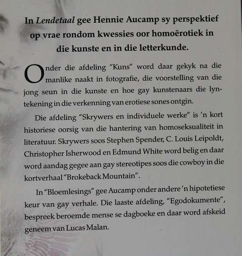 Lendetaal deur Hennie Aucamp. Homoërotiek in die kunste en in die letterkunde.