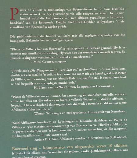 Boerneef sing deur Pieter de Villiers. Komposisies van uitgesoekte verse: 10 siklusse