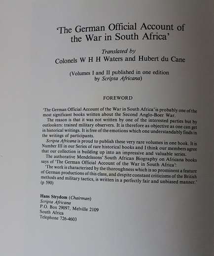 The German official account of the war in South Africa by Waters & Du Cane. Scripta Africana series.