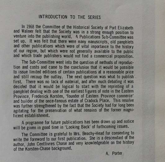 Old Times and Odd Corners by John Centlivres Chase. Historical Society of Port Elizabeth 1969
