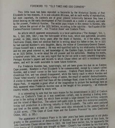 Old Times and Odd Corners by John Centlivres Chase. Historical Society of Port Elizabeth 1969