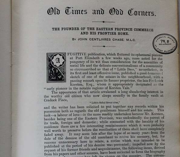 Old Times and Odd Corners by John Centlivres Chase. Historical Society of Port Elizabeth 1969