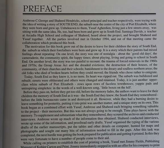 South End ( as we knew it ) by Y. Agherdien, A.C.George and S. Hendricks edited by R.H. du Pré