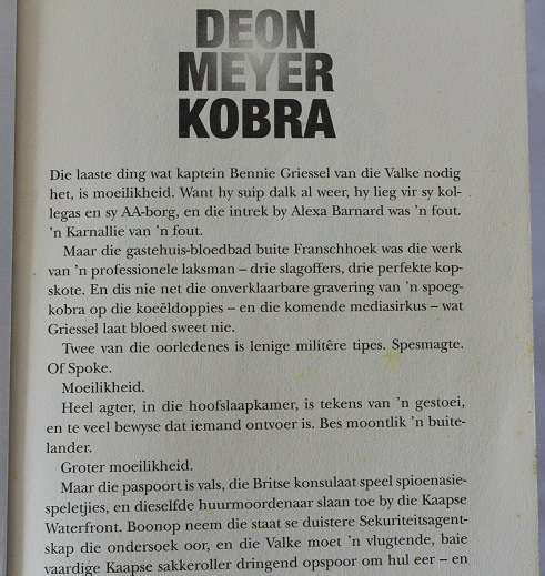 Kobra deur Deon Meyer. Bennie Griesel speurverhaal.