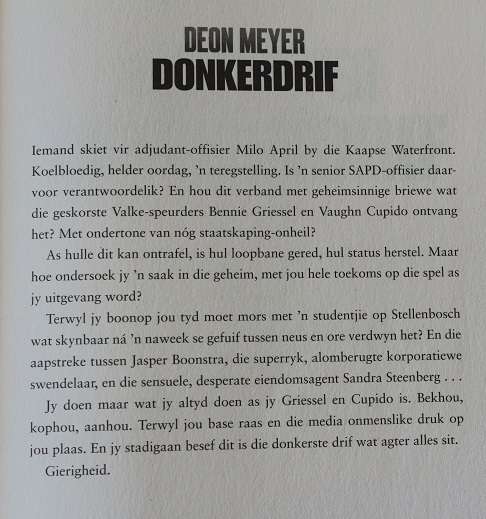 Donkerdrif deur Deon Meyer. Bennie Griesel misdaad verhaal.