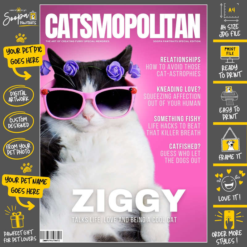 Get a Custom Portrait Artwork of Your Kitty Cat - CATSMOPOLITAN Magazine Cover (Pet Lover's Gift)