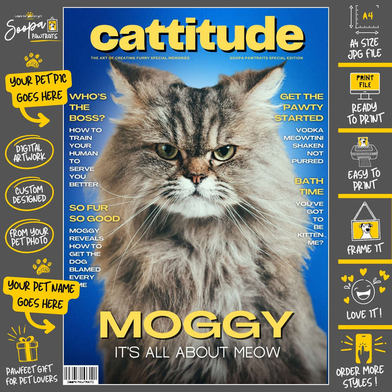 Get a Custom Portrait Artwork of Your Kitty Cat - CATTITUDE Magazine Cover (Fun Pet Lover's Gift)