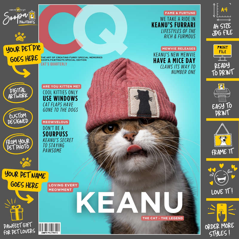 Get a Custom Portrait Artwork of Your Kitty Cat - CQ Magazine Cover (Fun Pet Lover's Gift)