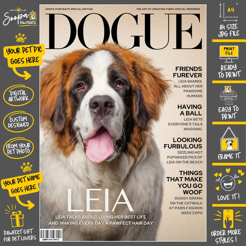Get a Custom Portrait Artwork of Your Doggy - DOGUE Magazine Cover (Fun Pet Lover's Gift)