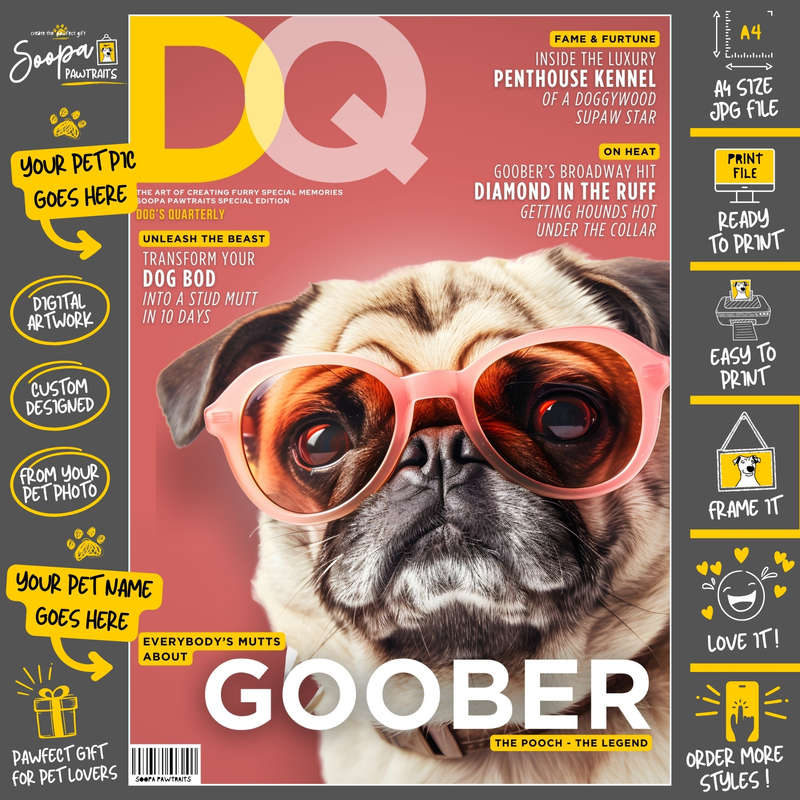 Get a Custom Portrait Artwork of Your Doggy - DQ Magazine Cover (Fun Pet Lover's Gift)