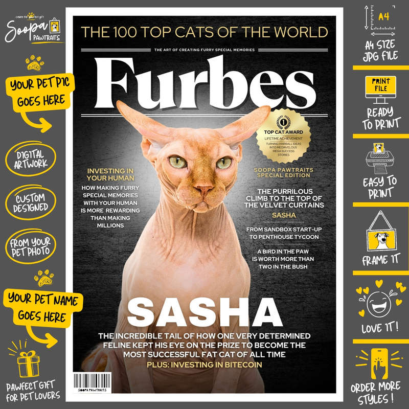 Get a Custom Portrait Artwork of Your Kitty Cat - FURBES Magazine Cover (Fun Pet Lover's Gift)