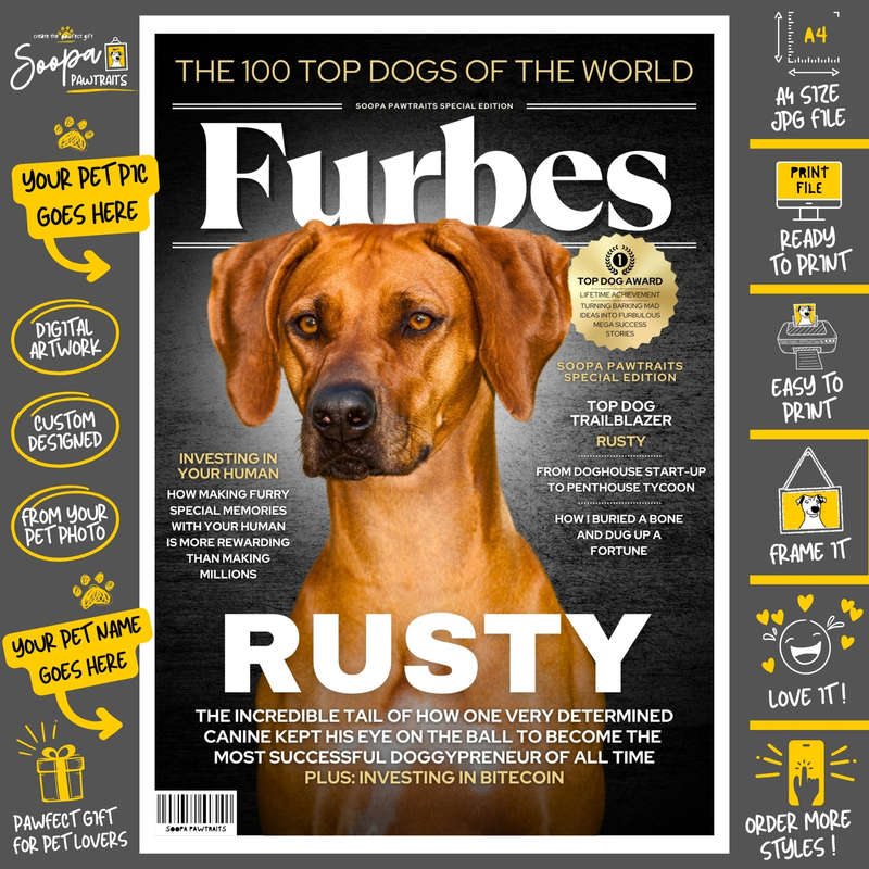 Get a Custom Portrait Artwork of Your Doggy - FURBES Magazine Cover (Fun Pet Lover's Gift)
