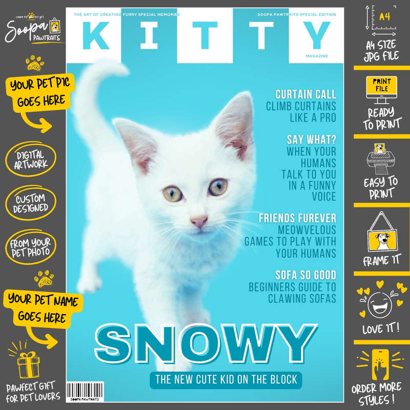Get a Custom Portrait Artwork of Your Kitty Cat - KITTY Magazine Cover (Fun Pet Lover's Gift)