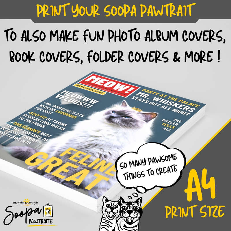 Get a Custom Portrait Artwork of Your Kitty Cat - MEOW Magazine Cover (Fun Pet Lover's Gift)