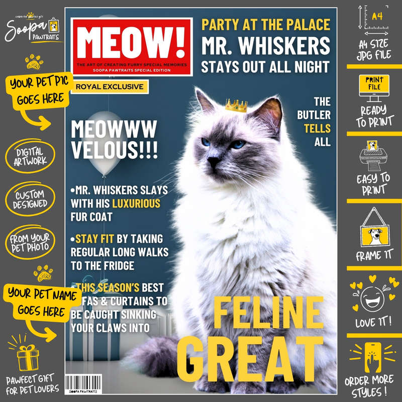 Get a Custom Portrait Artwork of Your Kitty Cat - MEOW Magazine Cover (Fun Pet Lover's Gift)
