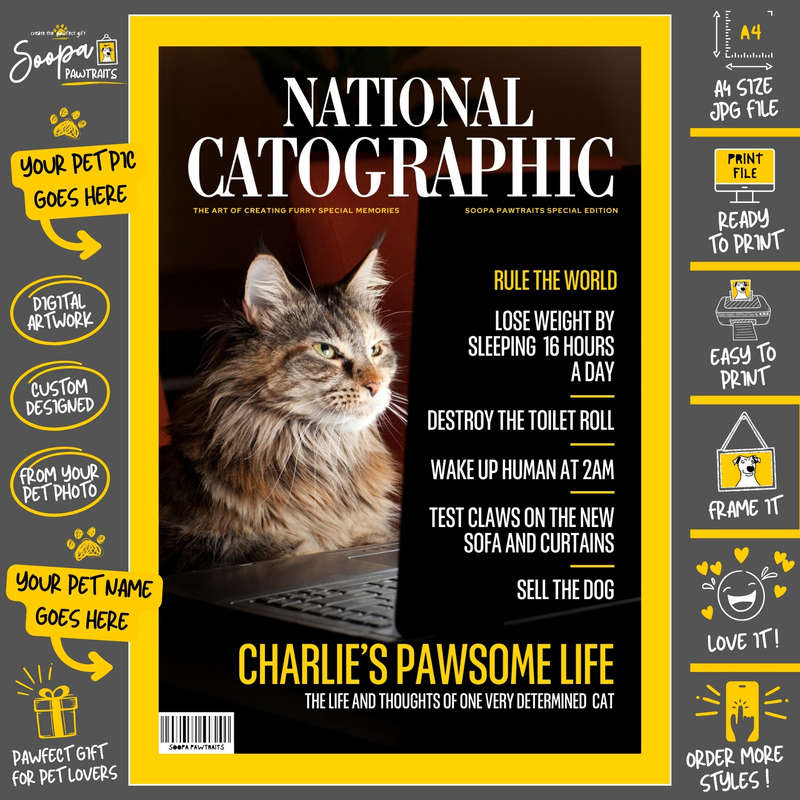 Get a Custom Portrait Artwork of Your Kitty Cat - NATIONAL CATOGRAPHIC Magazine (Pet Lover's Gift)