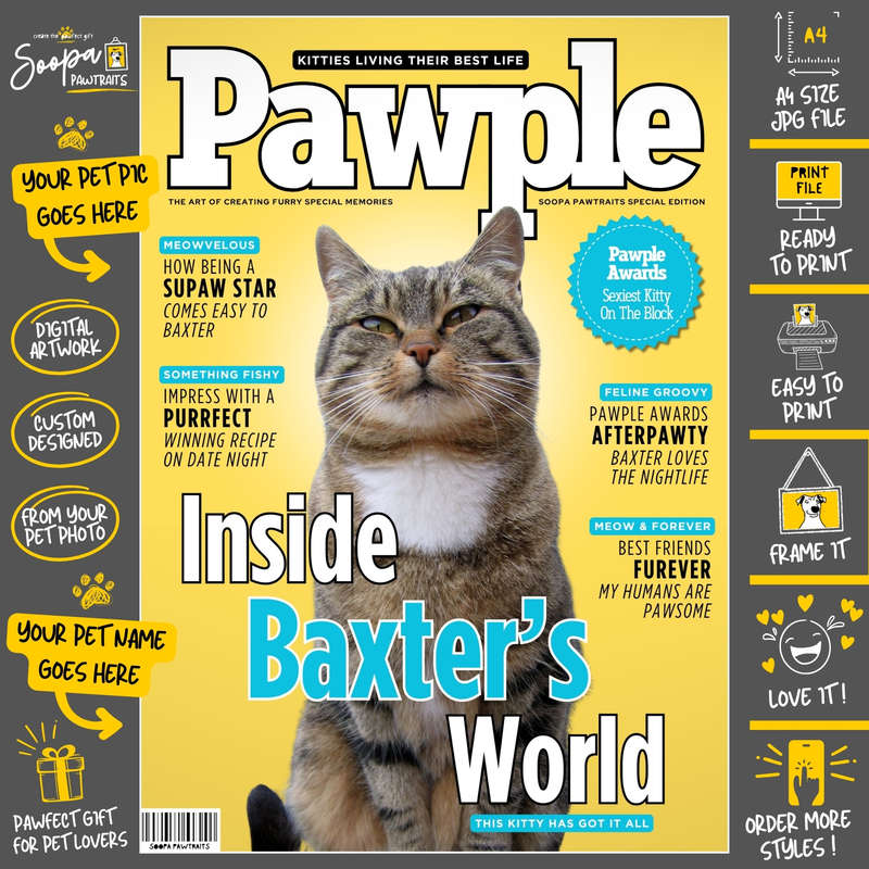 Get a Custom Portrait Artwork of Your Kitty Cat - PAWPLE Magazine Cover (Fun Pet Lover's Gift)