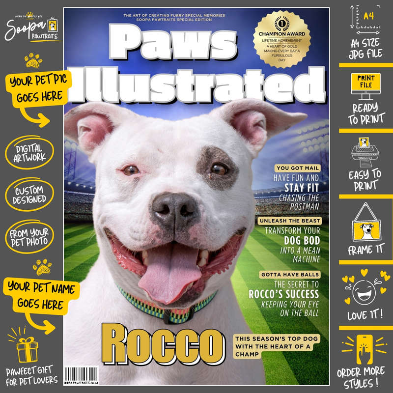 Get a Custom Portrait Artwork of Your Doggy - PAWS ILLUSTRATED Magazine Cover (Fun Pet Lover's Gift)
