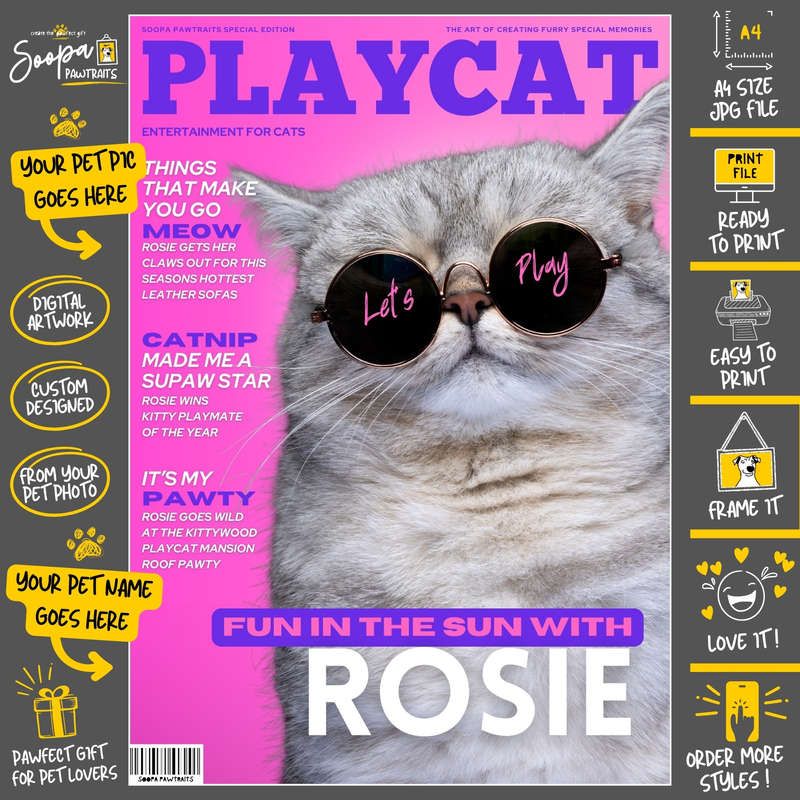 Get a Custom Portrait Artwork of Your Kitty Cat - PLAYCAT Magazine Cover (Fun Pet Lover's Gift)