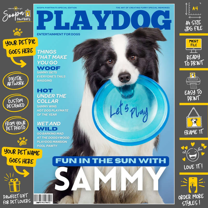 Get a Custom Portrait Artwork of Your Doggy - PLAYDOG Magazine Cover (Fun Pet Lover's Gift)