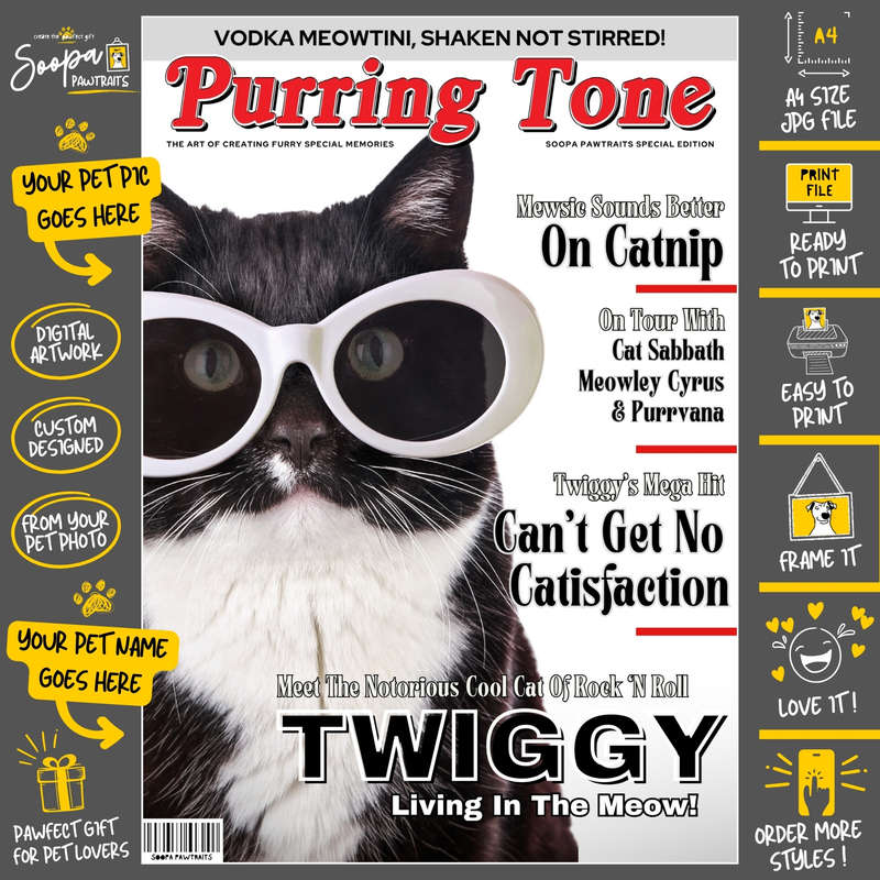 Get a Custom Portrait Artwork of Your Kitty Cat - PURRING TONE Magazine Cover (Fun Pet Lover's Gift)