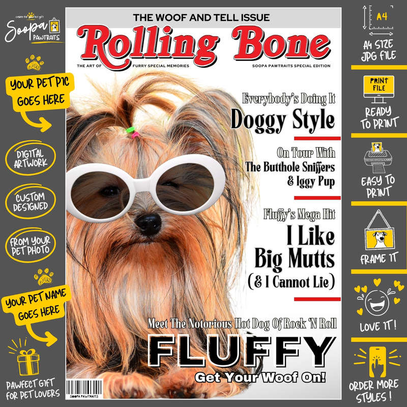 Get a Custom Portrait Artwork of Your Doggy - ROLLING BONE Magazine Cover (Fun Pet Lover's Gift)