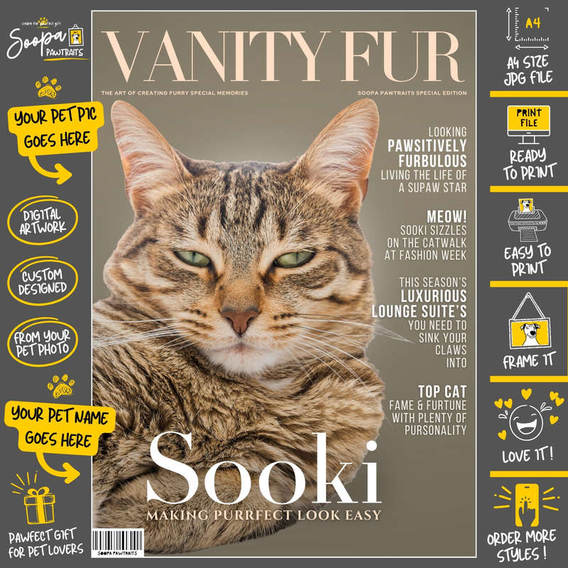 Get a Custom Portrait Artwork of Your Kitty Cat - VANITY FUR Magazine Cover (Fun Pet Lover's Gift)