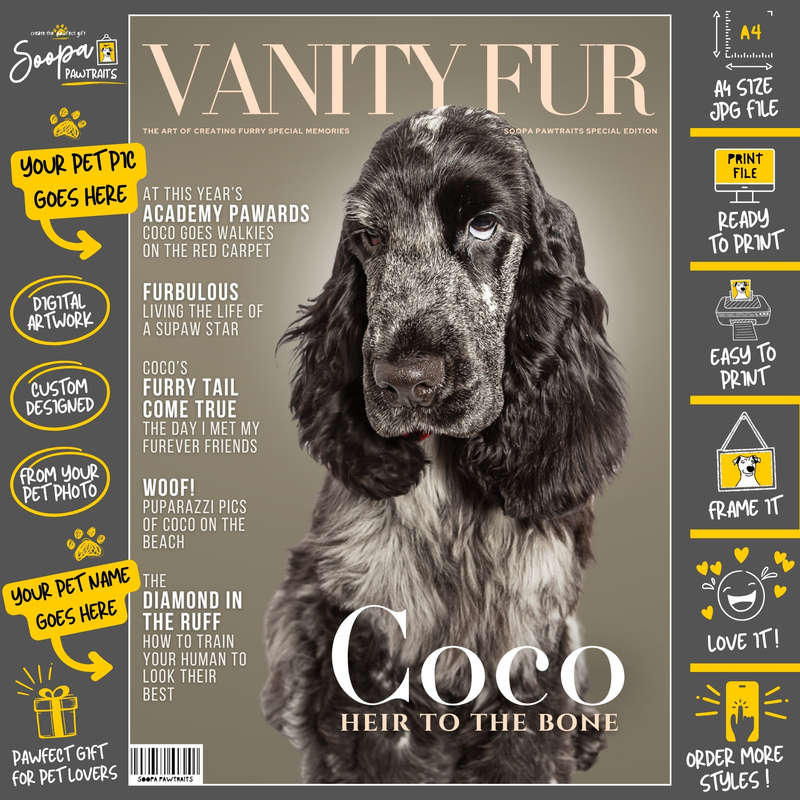 Get a Custom Portrait Artwork of Your Doggy - VANITY FUR Magazine Cover (Fun Pet Lover's Gift)