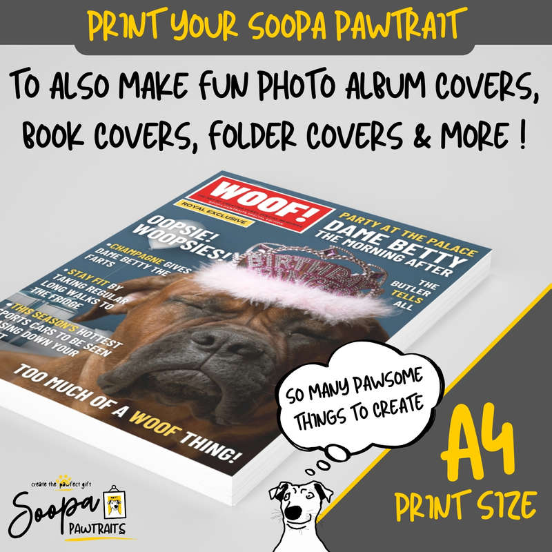 Get a Custom Portrait Artwork of Your Doggy - WOOF Magazine Cover (Fun Pet Lover's Gift)