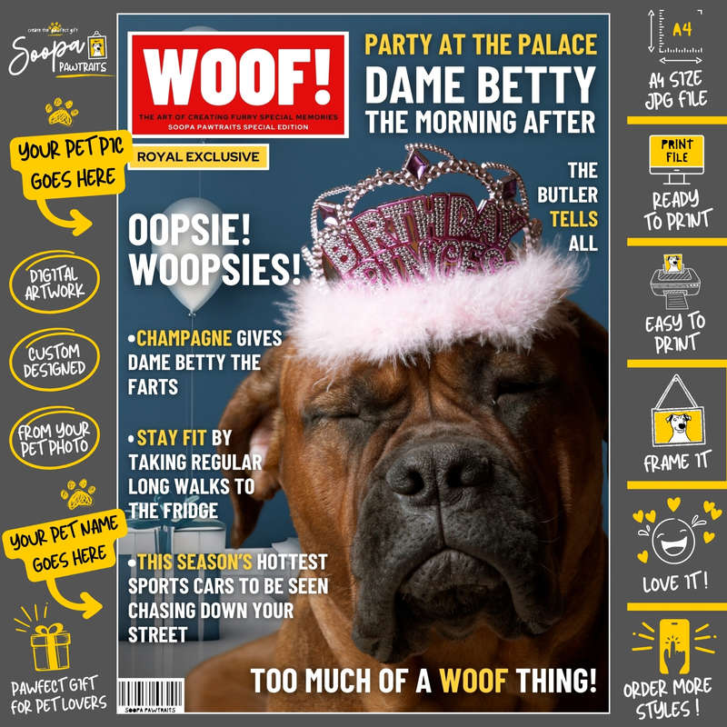 Get a Custom Portrait Artwork of Your Doggy - WOOF Magazine Cover (Fun Pet Lover's Gift)