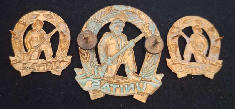 SADF - GILDING COMMANDO (UNITAS) CAP AND COLLAR BADGES SET - SCREWS / PINS INTACT