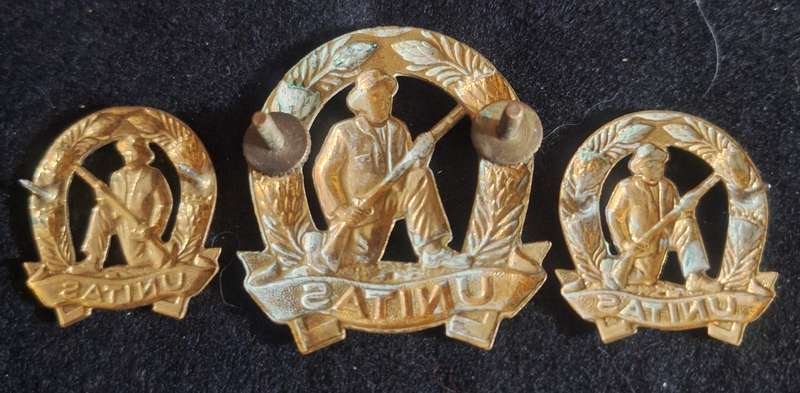 SADF - GILDING COMMANDO (UNITAS) CAP AND COLLAR BADGES SET - SCREWS / PINS INTACT